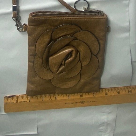 Handbags - Tan Leather Rose Flap Crossbody Cell Phone Bag